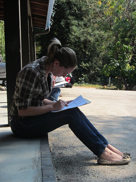 Nyssa Silbiger sitting on the porch preparing for her speed interviews