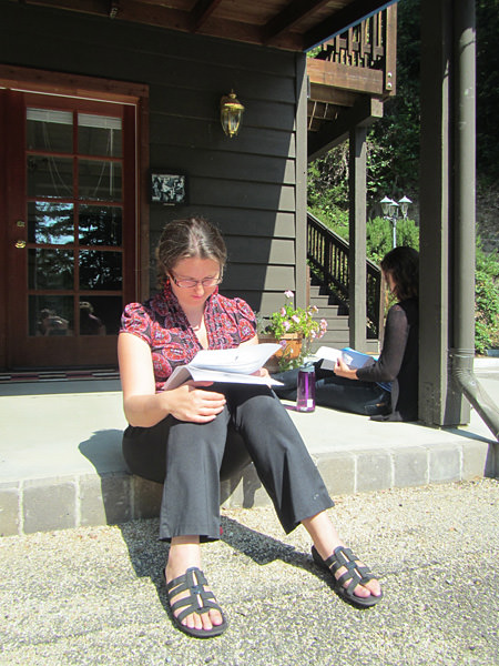 Dr. Rebecca Asch sitting on the porch preparing for her speed interviews